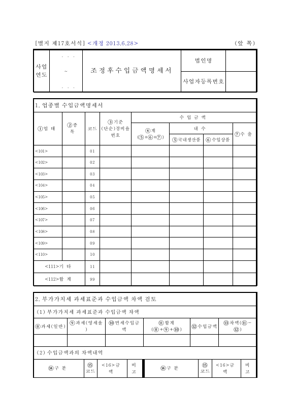 조정후수입금액명세서 [법인세법 시행규칙 서식17]